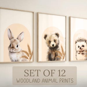Boho Woodland-dierenkwekerijafdrukken: aquarel beer, konijntje, egel (digitale downloadset van 12)