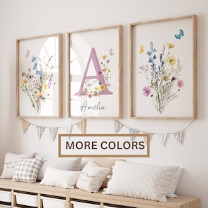 Arte mural con nombre personalizado: Impresión personalizada con nombre de bebé, arte mural con flores silvestres para guardería, letrero con nombre de niña, impresión floral para pared, decoración infantil bonita