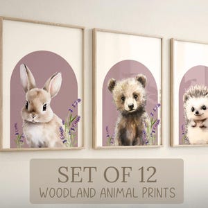 Mauve Woodland-dierenkwekerijprints: boho-babykamerdecoratie (set van 12 digitale downloads)