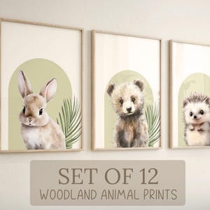 Woodland-kinderkamerafdrukken: aquareldieren, gedecoreerd groen decor (set van 12 digitale downloads)