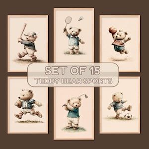 Vintage Teddy Bear Sports Nursery Wall Art Set of 15 Printable Illustrations for Kids Room, Baby Boy Shower Gift, Sports Themed Child Decor