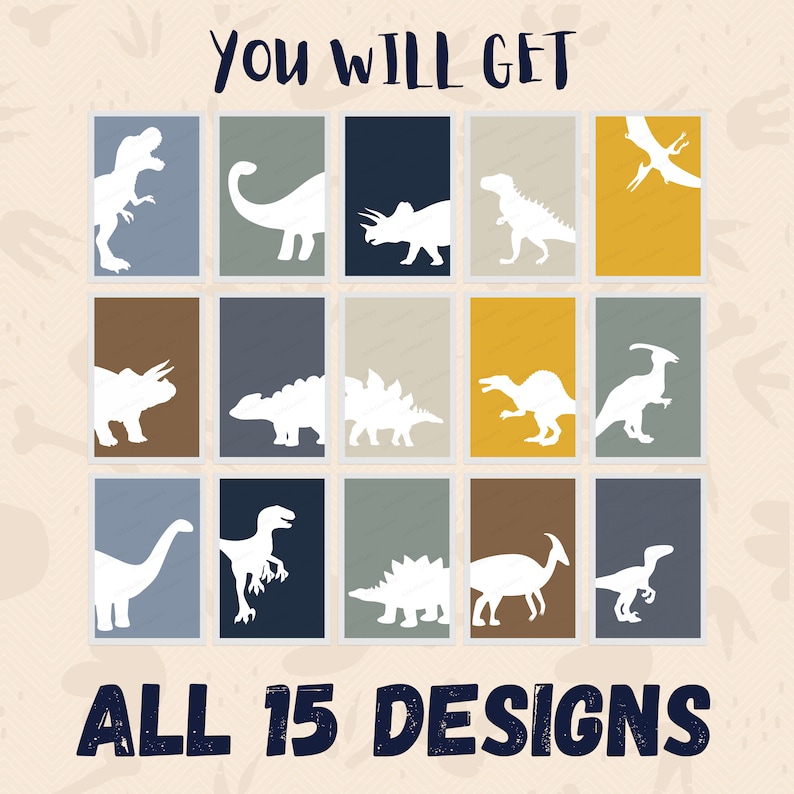 May include: A set of 15 printable dinosaur illustrations in various colors, including blue, gray, brown, and yellow. Each illustration features a different dinosaur silhouette, such as a T-Rex, Triceratops, and Stegosaurus. The text "You Will Get All 15 Designs" is displayed at the top and bottom of the image.