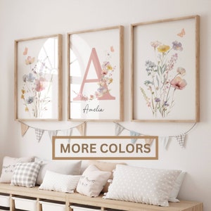 Benutzerdefinierte Wildblumen Drucke | Baby Mädchen Wand Kunst | Boho Blumendekor | Personalisiertes Namensschild Initial | Aquarell Blumen Wall Art