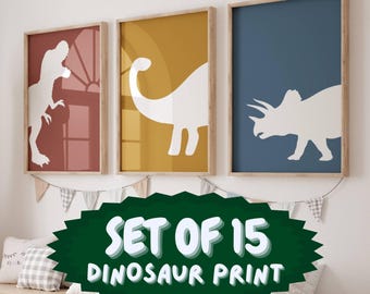 Dinosaur Nursery Prints, Boys Room Decor, Set of 15 (Digital Download)