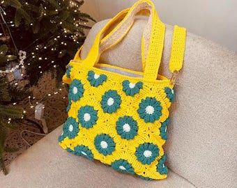 Bolso de mano cuadrado de ganchillo hecho a mano estilo abuela, bolso de hombro con motivo de flores amarillas, regalo para el Día de la Madre