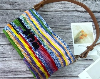 Handgemachte mehrfarbige häkeln Umhängetasche, Horizontale Gestreifte Stricktasche, personalisierte Name Baumwollgarn Tasche, Muttertagsgeschenk