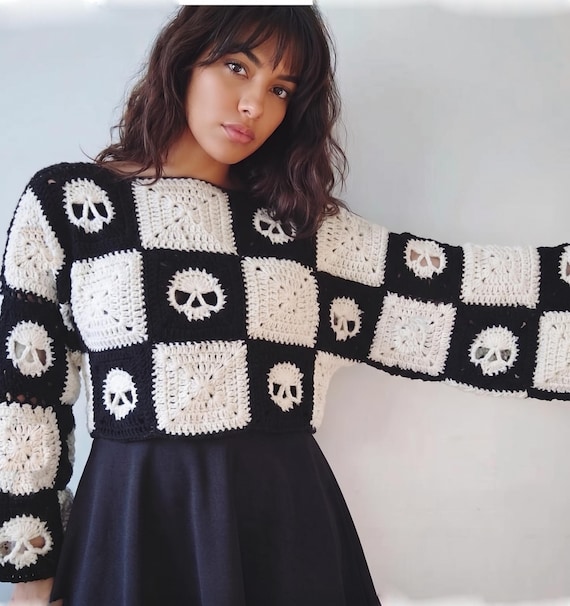 Y2K Gothic Crochet Skull Sweater, Adult Hallloween costume, Checkerboard Granny Square Crop Top, Black and White Clothing, Grunge Jumper