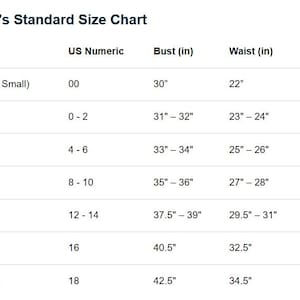 May include: A US standard size chart table with black text on a white background. The chart lists sizes from XXS to XXL, including US numeric equivalents and measurements in inches for bust, waist, and hips for various clothing categories.