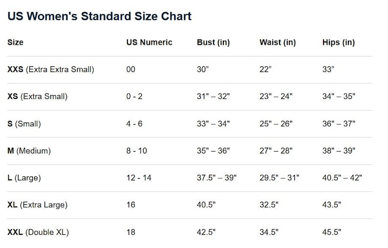 May include: A US standard size chart table with black text on a white background. The chart lists sizes from XXS to XXL, including US numeric equivalents and measurements in inches for bust, waist, and hips for various clothing categories.