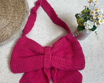 Pink Crochet Bow Bag, Coquette Style Handmade Accessory