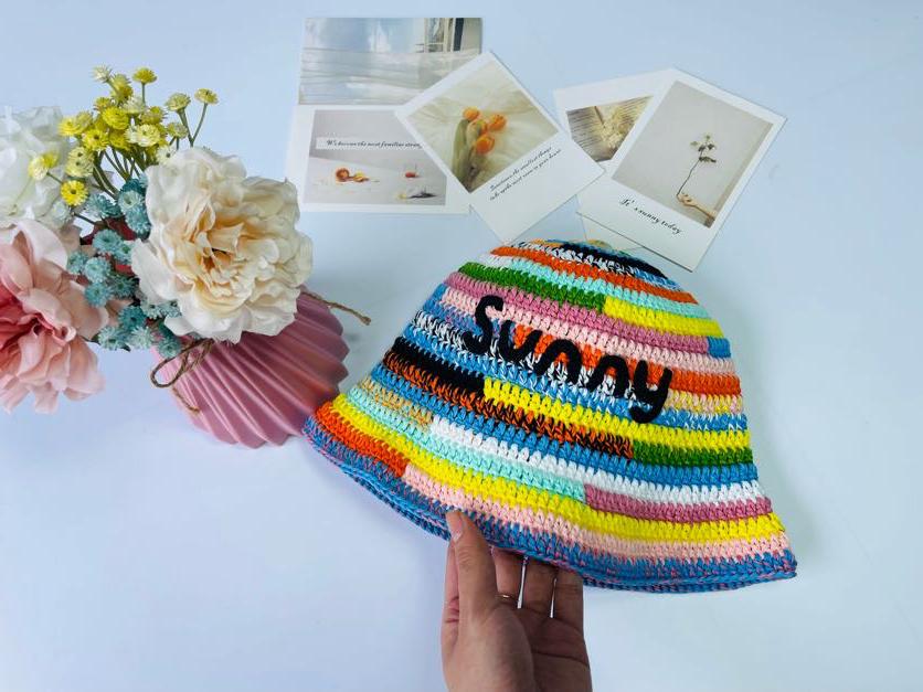 Crochet Bucket Hat: Multicolor Cotton Summer Beanie Crochet Bucket Hat for Women Knit Beanies Cap Handmade  main image 4