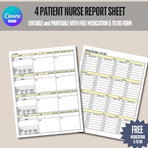 Editable Nurse Brain 4 Patients Nurse Report Sheet, Med Surg Report Sheet, Med Surg Nursing Report Sheet, ER Nurse Shift Report, ICU Report
