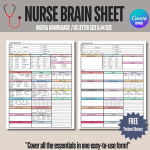 May include: A printable nurse brain sheet in US letter size and A4 size. The sheet is divided into sections for medical history, vital signs, medications, safety, and more. The sheet is designed to help nurses quickly and easily gather and organize patient information.