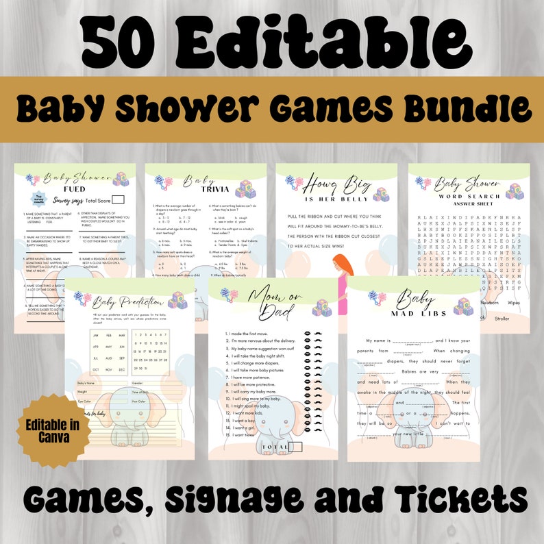Printable Baby Shower Games Bundle, Editable Modern Baby Shower, Gender ...
