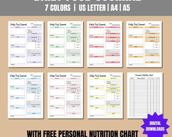 Daily Food Journal, Weekly Planner, Minimalist Daily Calorie Tracker, Fitness Diet, Meal Tracker, PDF Printable Journal, Nutrition Chart