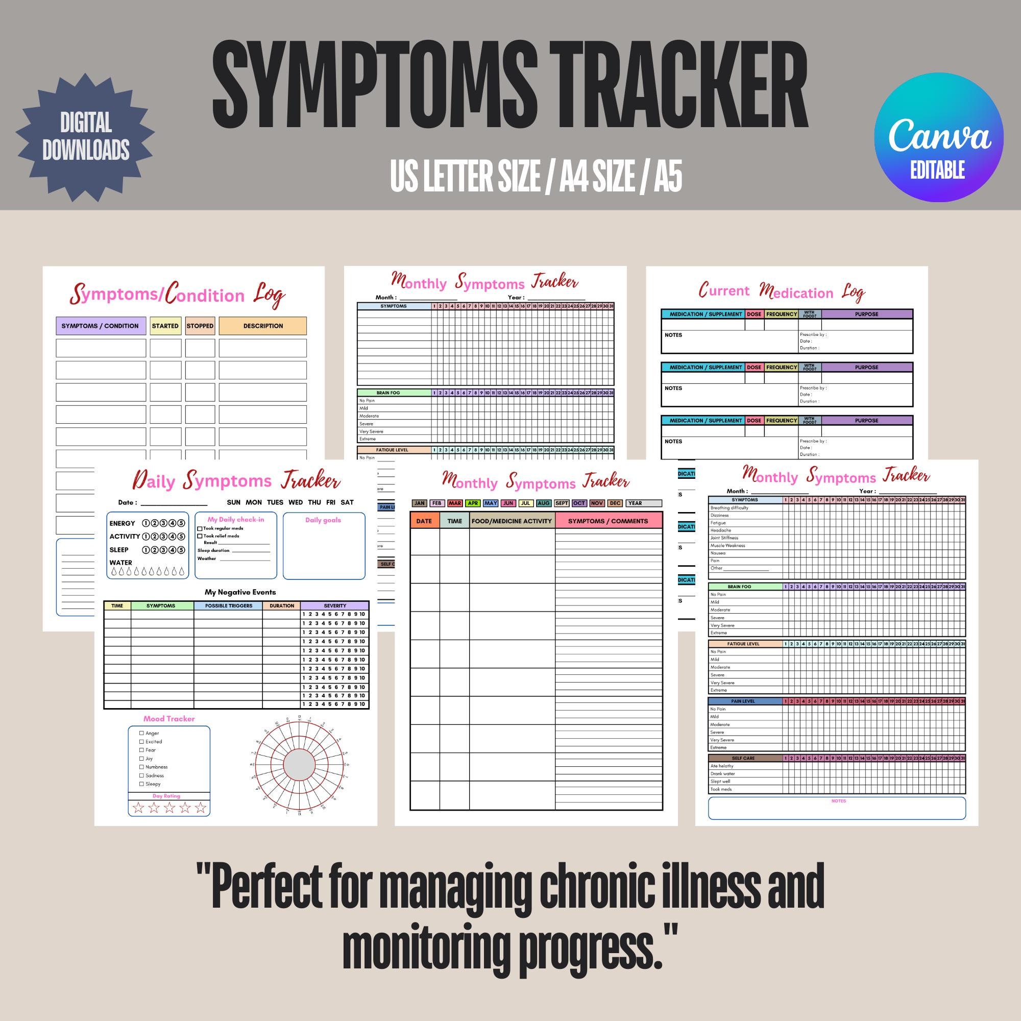 Symptom Tracker Printable, Chronic Illness Printable, Monthly Wellness Journal, Medical Information Binder, Pain Tracker, Symptoms Journal