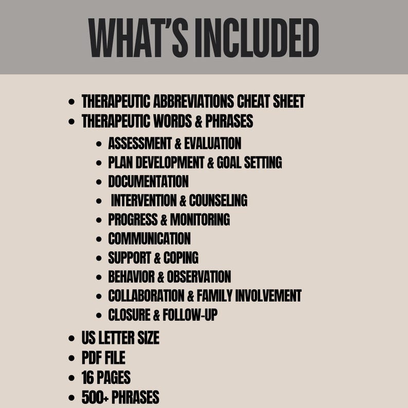 May include: A beige graphic with the title "WHAT'S INCLUDED" in bold, dark gray letters. Below, a list of therapeutic topics and features, including "Therapeutic Abbreviations Cheat Sheet" and "500+ Phrases."
