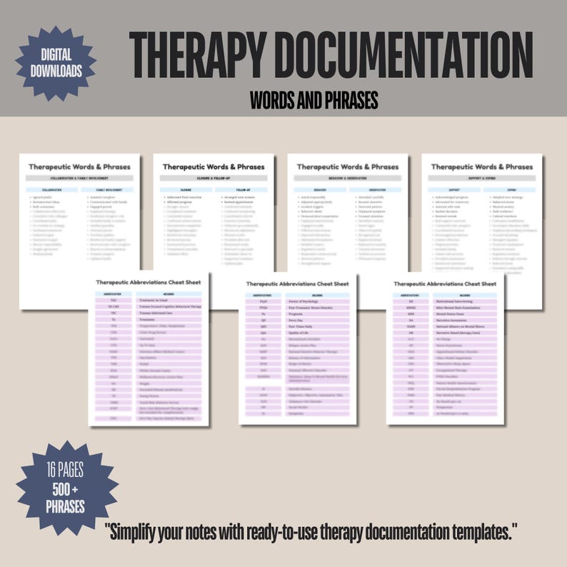 May include: A collection of printable therapy documentation templates. The title "Therapy Documentation Words and Phrases" is displayed at the top. The image includes several sheets with lists of therapeutic words, phrases, and abbreviations. The text "Digital Downloads" is in the upper left corner.