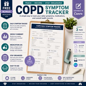 May include: A COPD symptom tracker document on a clipboard with a teal inhaler and a pen. The document includes sections for daily symptoms, medication logs, and weekly summaries. It specifies US letter size 8.5 by 11 inches and A4 size 8.27 by 11.69 inches.