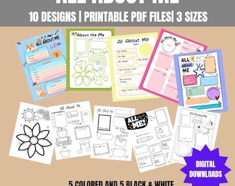 May include: Ten printable "All About Me" pages for kids. Five pages are in color and five are black and white. Each page has a different design with prompts for kids to fill in about themselves. The designs include a dog, a flower, a star, a birthday cake, and a book.