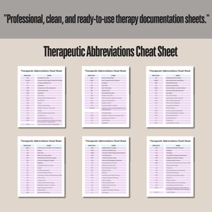 May include: Six white sheets with pink text, titled "Therapeutic Abbreviations Cheat Sheet", are displayed. The sheets contain lists of abbreviations. The top of the image has the text: "Professional, clean, and ready-to-use therapy documentation sheets."
