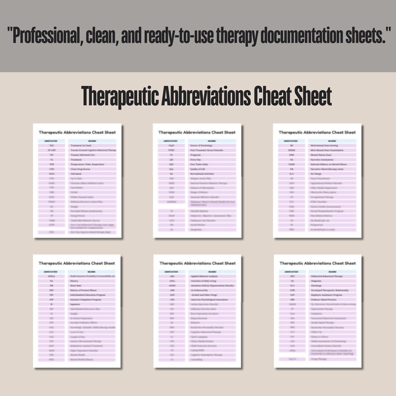 May include: Six white sheets with pink text, titled "Therapeutic Abbreviations Cheat Sheet", are displayed. The sheets contain lists of abbreviations. The top of the image has the text: "Professional, clean, and ready-to-use therapy documentation sheets."