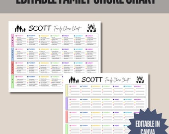 Editable Family Chore Chart, Family Planner Printable, Weekly Family Schedule, Family Calendar, Weekly Household,Weekly Responsibility Chart