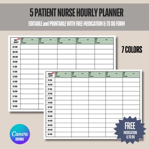 Hourly Nurse Shift Planner, Nurse Hourly To-Do Planner, 5 Patient Medication, Nursing Shift Planner,Nurse Medication Sheet,CNA Shift Planner