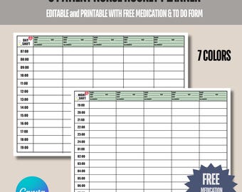 Puede incluir: Planificador horario de enfermería imprimible para 5 pacientes, con horarios de día y de noche. Incluye un formulario gratuito de medicamentos y tareas. El planificador es editable y está disponible en 7 colores.