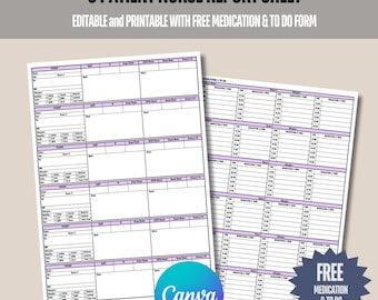 6 Patient Nurse Report Sheet, Med Surg Report Sheet, Nurse Brain Sheet, ICU Report Sheet Nurse, Nurse Layering Rapport Sheet mit Medikation Log
