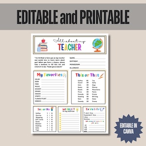 All About My Teacher Printable, Meet the Teacher Questionnaire, Back to School Teacher Favorite Things Survey, Teacher questionnaire