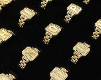 10k Gold Initial Ring with Presidential Rolex Style Band Jubilee