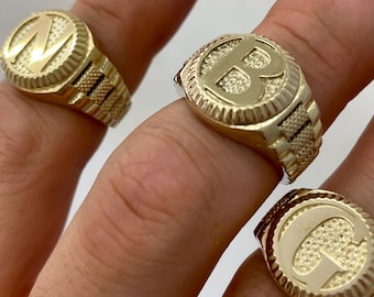 10k Gold Big Initial Ring with Presidential Rolex Style Band Jubilee