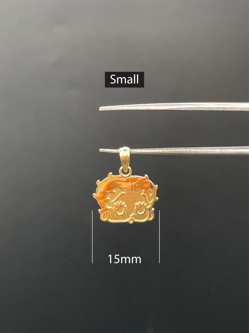 Pu&ograve; includere: Un piccolo ciondolo dorato, di circa 1,5 cm, con un design dettagliato. Il ciondolo &egrave; tenuto da una pinzetta su uno sfondo scuro. La parola "Small" &egrave; visualizzata sopra il ciondolo.