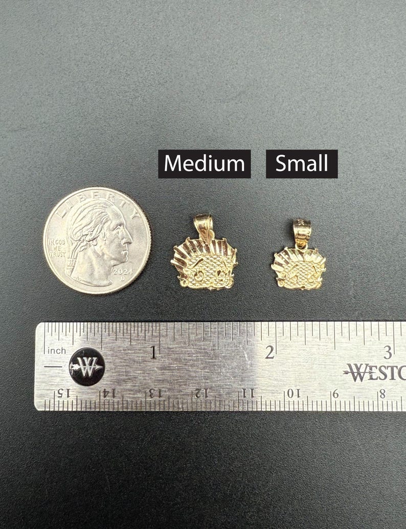 May include: Two gold-colored pendants, one labeled "Medium" and the other labeled "Small", are shown next to a ruler and a US quarter. The pendants are both in the shape of a crown.