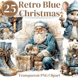 Retro Blue Christmas / Santa Png Clipart - Paquete de invierno de acuarela - Sublimación de invitaciones de diarios basura, etc.