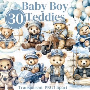 Blue Boy Teddy Bear Png Clipart- Baby Boy 1st Birthday Aquarelle Bundle - Junk Journals Invitations Sublimation etc.