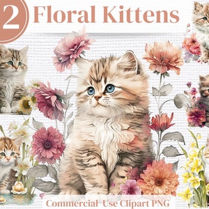 Floral Baby Kittens - Watercolor Cat PNG Clipart Set, 22 Commercial Use Floral Cat Clipart