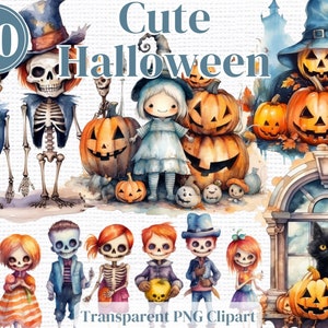 Lindos gráficos Png de imágenes prediseñadas de Halloween - Paquete de imágenes prediseñadas de acuarela - 30 imágenes individuales transparentes de Halloween para sublimación, etc.