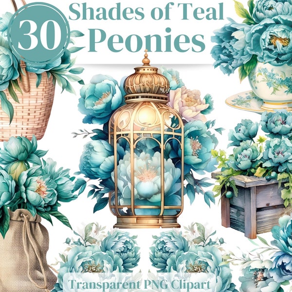 26 Teal Peony Flowers -Peonies Watercolor Clipart Bundle PNG - Commercial Use Clipart with peony teacup, wreath, border etc