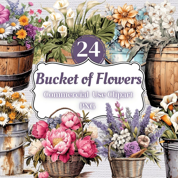 Watercolor wildflower Png Clipart in rustic buckets baskets barrels - 24 Transparent Background Clipart Images Commercial use, paper craft