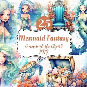 Pastel Fantasy Mermaid Clipart Png - Bundle de Clipart aquarelle - 25 images de sirène transparentes individuelles pour sublimation, journaux indésirables, etc.