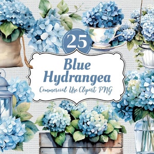 25 blauwe hortensia bloemen, hortensia aquarel clipart bundel PNG - commercieel gebruik hortensia krans, theekopje, grens, vaas, plantenbak enz
