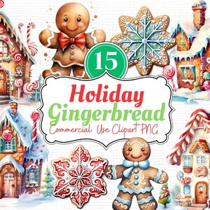 Gingerbread House / Man PNG Clipart Graphics - Pacchetto acquerello - 15 singole immagini trasparenti di Pan di zenzero. Cottura dei biscotti di zucchero