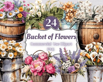 Watercolor Wildflower Clipart: Rustic Buckets, Baskets, Barrels (PNG Digital Download)