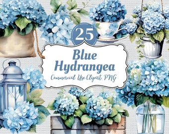 Blue Hydrangea Watercolor Clipart Bundle: Floral PNG (Commercial Use)