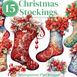 Christmas Sock / Stocking Png Clipart - Winter Watercolor bundle -  Festive Junk Journals Invitations Sublimation etc