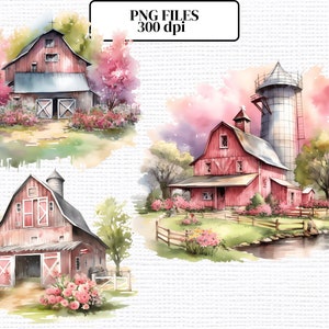 20 Pink Farm Barn Watercolor Clipart Bundle PNG, Farmhouse Clipart ...