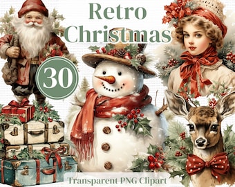 レトロなクリスマスクリップアート：ヴィンテージサンタ、水彩画の冬のセット（PNG）