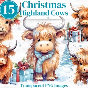 Baby Highland Cow Clipart Print Png - Winter Nursery Watercolor bundle - Perfect for Winter Junk Journals Invitations Sublimation etc